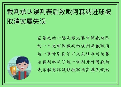 裁判承认误判赛后致歉阿森纳进球被取消实属失误
